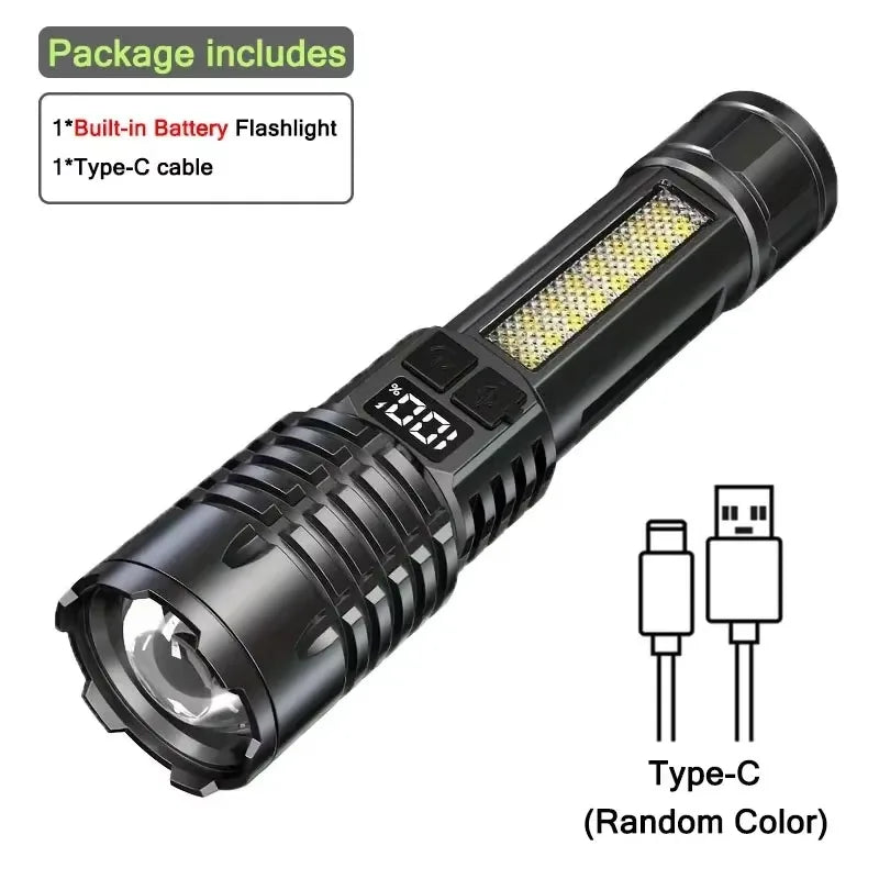 Linterna LED de alta potencia potente linterna COB recargable de TYPE-C con antorcha de luz lateral para acampar al aire libre senderismo