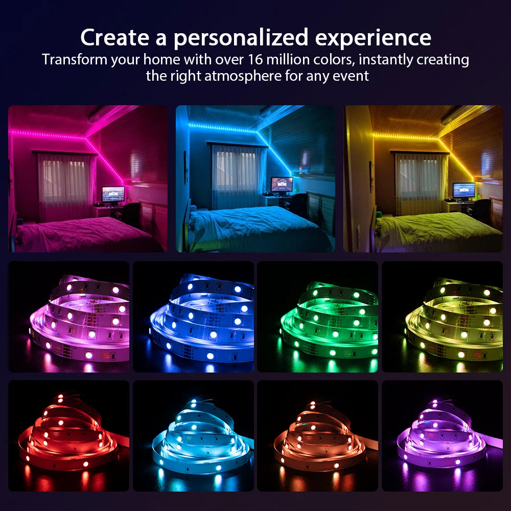 Luces de tira LED Tiras de luz inteligentes con control de aplicaciones Luces LED RGB para dormitorio, sincronización de música que cambia de color