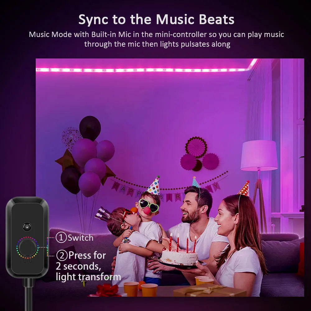 Luces de tira LED Tiras de luz inteligentes con control de aplicaciones Luces LED RGB para dormitorio, sincronización de música que cambia de color