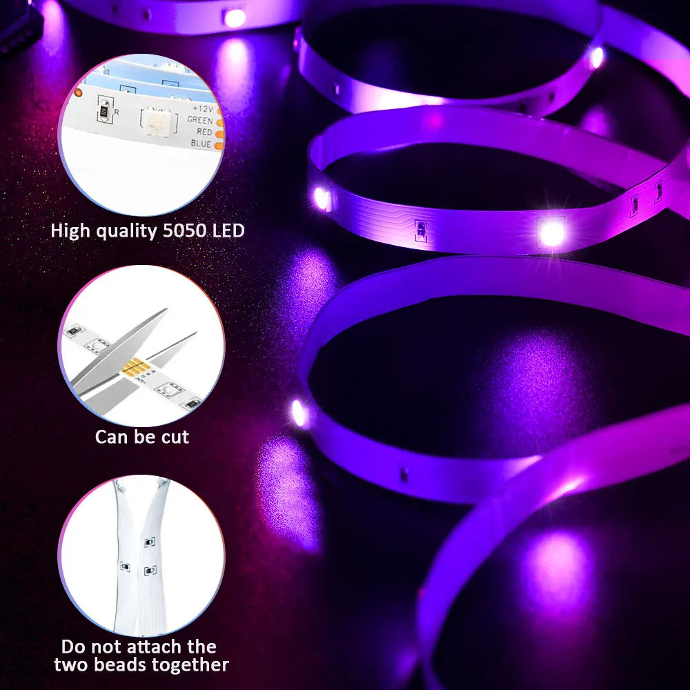 Luces de tira LED Tiras de luz inteligentes con control de aplicaciones Luces LED RGB para dormitorio, sincronización de música que cambia de color