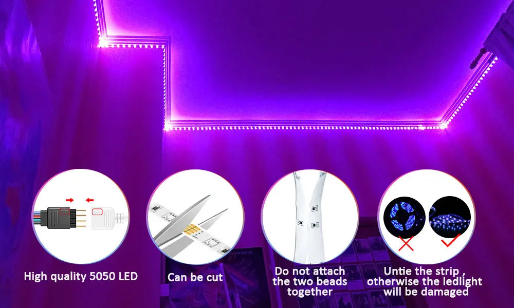 Luces de tira LED Tiras de luz inteligentes con control de aplicaciones Luces LED RGB para dormitorio, sincronización de música que cambia de color