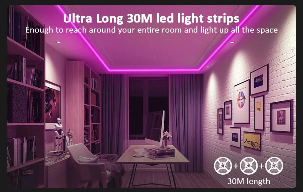 Luces de tira LED Tiras de luz inteligentes con control de aplicaciones Luces LED RGB para dormitorio, sincronización de música que cambia de color