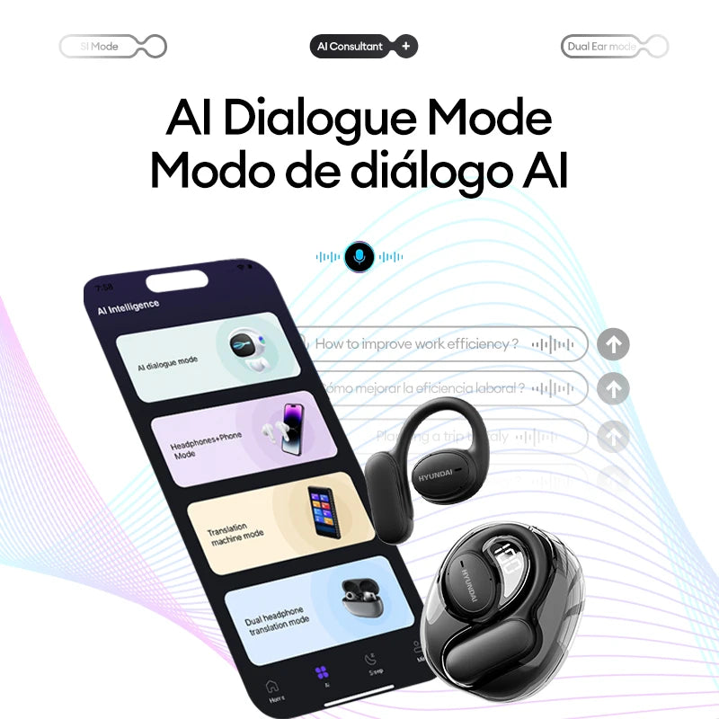 Choice HYUNDAI Openair5 AI auriculares de traducción Bluetooth tipo oreja colgante AI inteligente más de 100 idiomas reunión auricular regalo