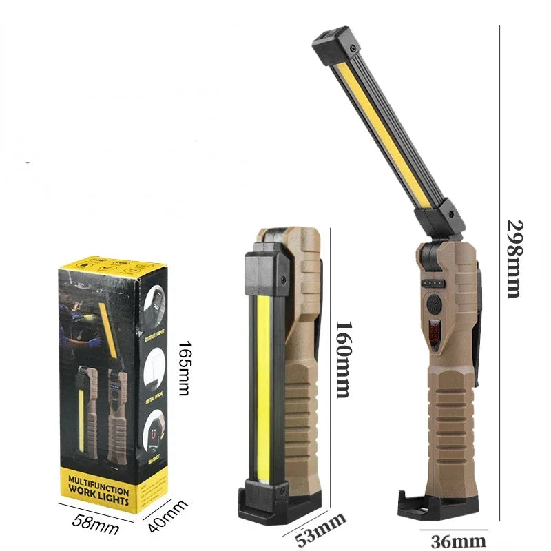 Luz de trabajo LED recargable por USB, linterna COB de 1000 lúmenes con indicador de capacidad de energía, linterna con mango para reparación de automóviles al aire libre