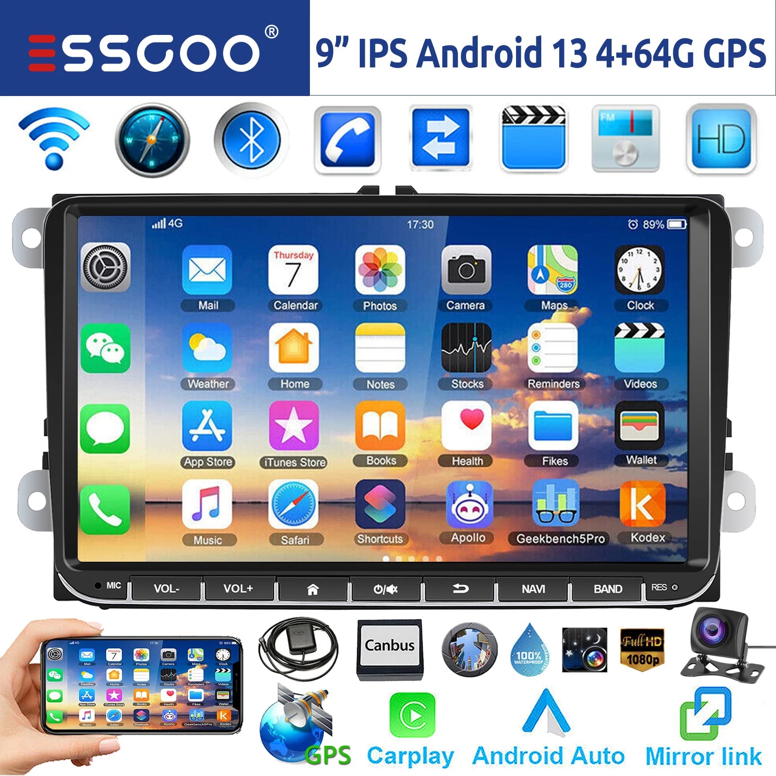 ESSGOO 9" Android 14 4G+64G Wireless Carplay Estéreo para Coche GPS NAVI WIFI RDS FM BT para VW Golf 5 6 Passat B6 B7 Polo 6R Touran Tiguan Caddy EOS Jetta T5 Seat Skoda