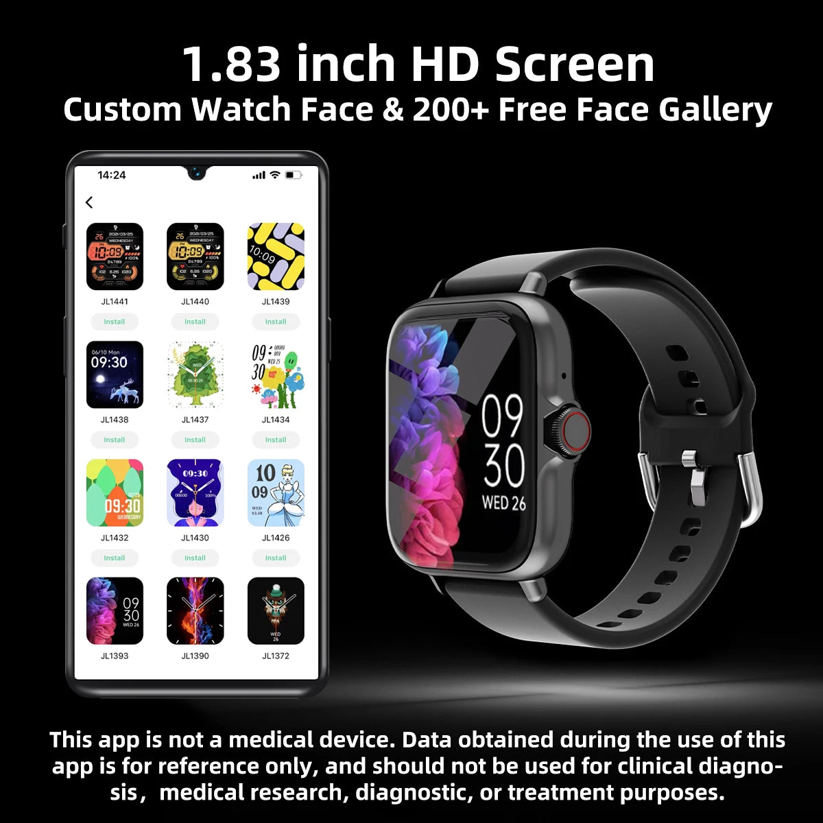 Reloj inteligente resistente al agua de 1,83 pulgadas con mensaje, respuesta a llamadas, monitoreo del sueño, podómetro deportivo, alertas de información para iPhone y Android