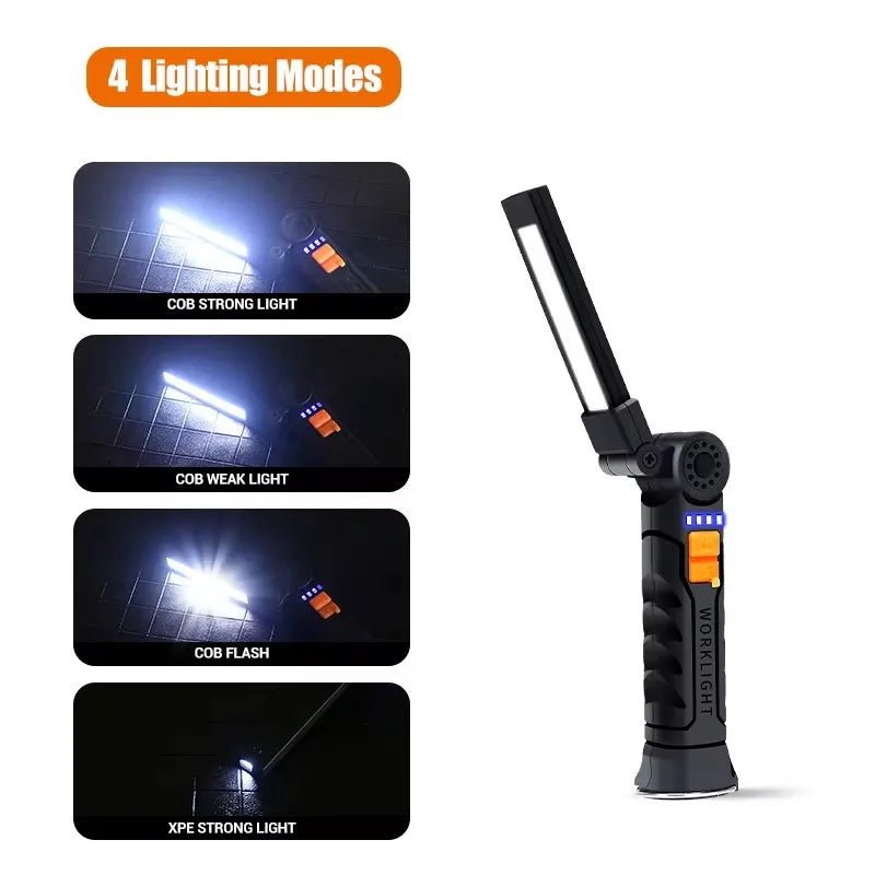 Luz de trabajo LED recargable por USB, linterna COB de 1000 lúmenes con indicador de capacidad de energía, linterna con mango para reparación de automóviles al aire libre