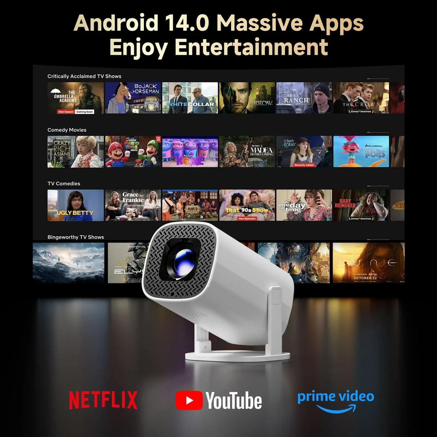 HONGTOP P30PRO Mini proyector inteligente Android 14 WiFi6 BT 5,0 compatible con 4K 1280*720P proyector portátil para exteriores de cine en casa inteligente