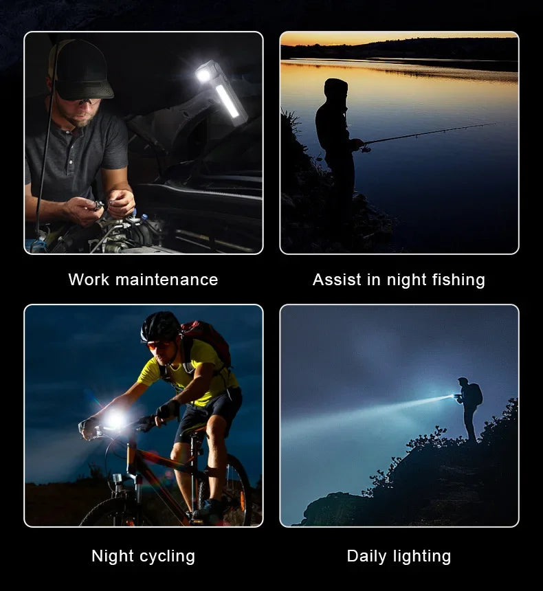 Luz de trabajo LED recargable por USB, linterna COB de 1000 lúmenes con indicador de capacidad de energía, linterna con mango para reparación de automóviles al aire libre