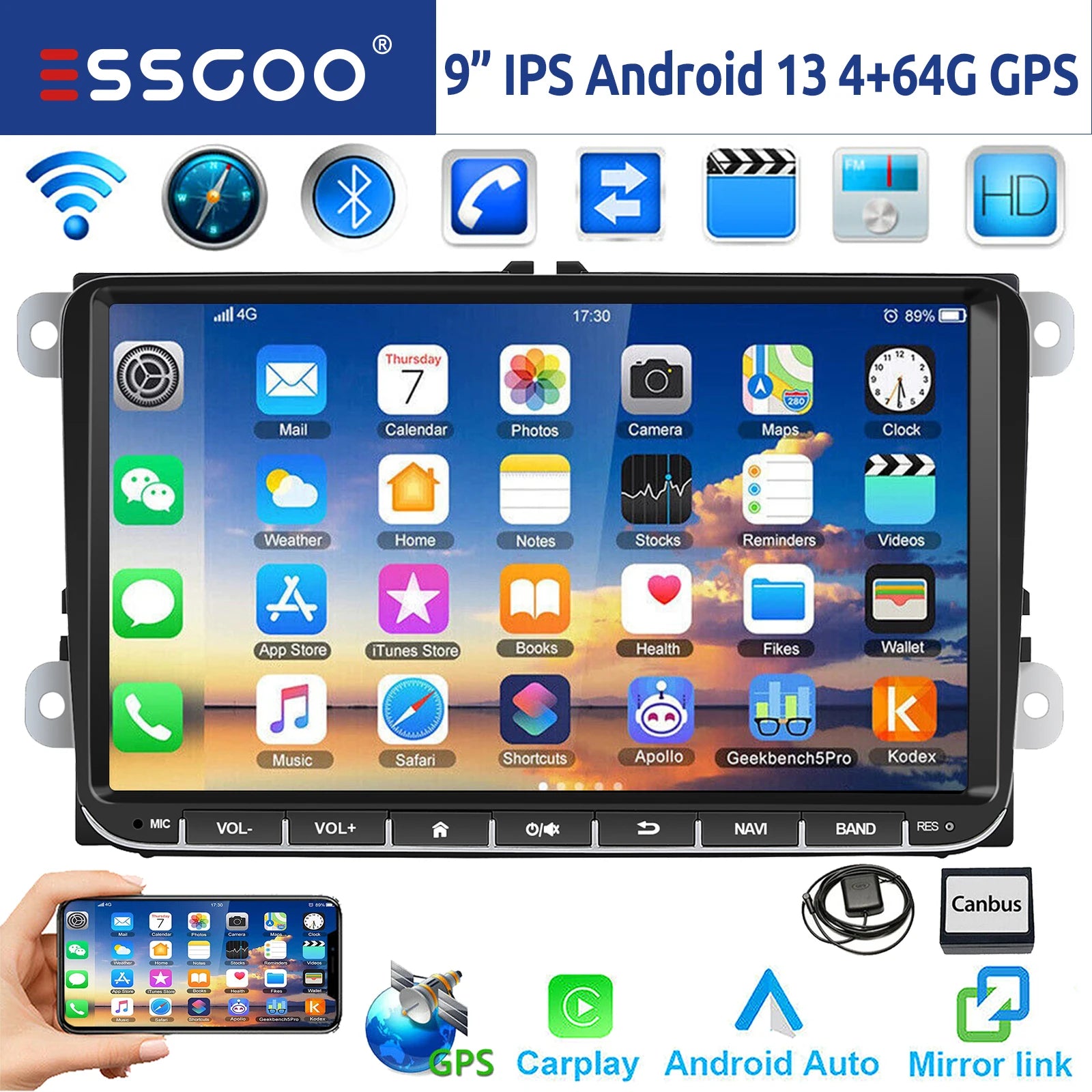 ESSGOO 9" Android 14 4G+64G Wireless Carplay Estéreo para Coche GPS NAVI WIFI RDS FM BT para VW Golf 5 6 Passat B6 B7 Polo 6R Touran Tiguan Caddy EOS Jetta T5 Seat Skoda