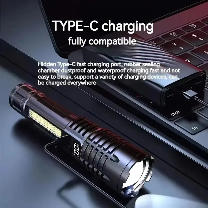 Linterna LED de alta potencia potente linterna COB recargable de TYPE-C con antorcha de luz lateral para acampar al aire libre senderismo