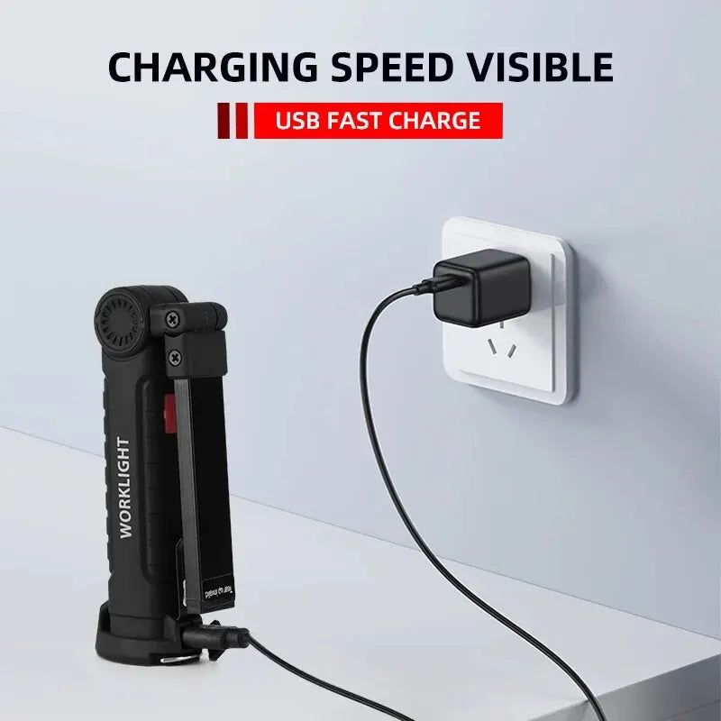 Linterna LED recargable por USB para acampar, luz de trabajo con imán y gancho, modo de iluminación impermeable, adecuada para trabajo nocturno