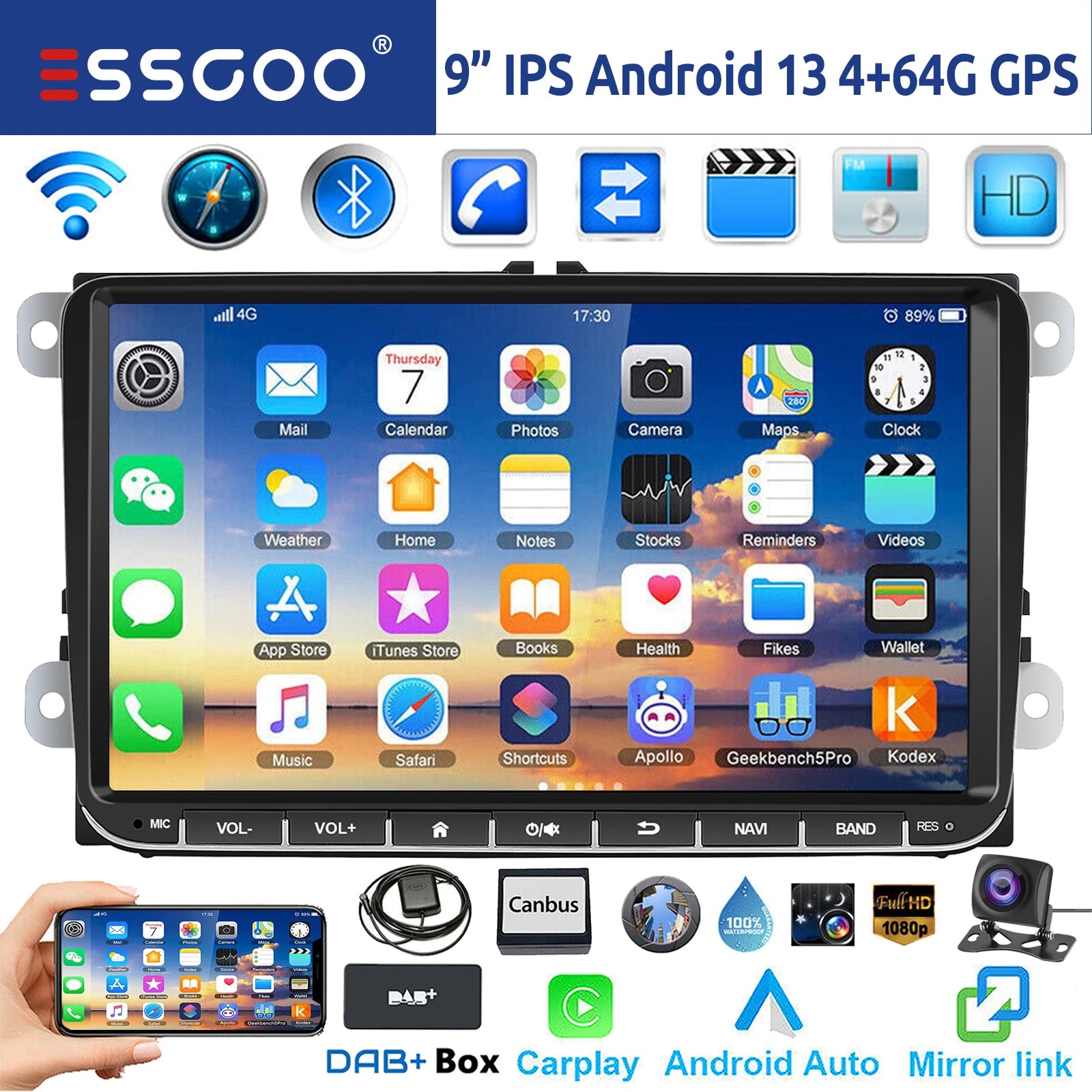 ESSGOO 9" Android 14 4G+64G Wireless Carplay Estéreo para Coche GPS NAVI WIFI RDS FM BT para VW Golf 5 6 Passat B6 B7 Polo 6R Touran Tiguan Caddy EOS Jetta T5 Seat Skoda