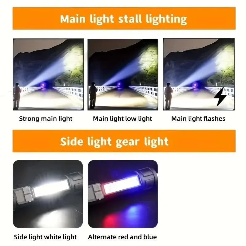 Linterna LED de alta potencia potente linterna COB recargable de TYPE-C con antorcha de luz lateral para acampar al aire libre senderismo