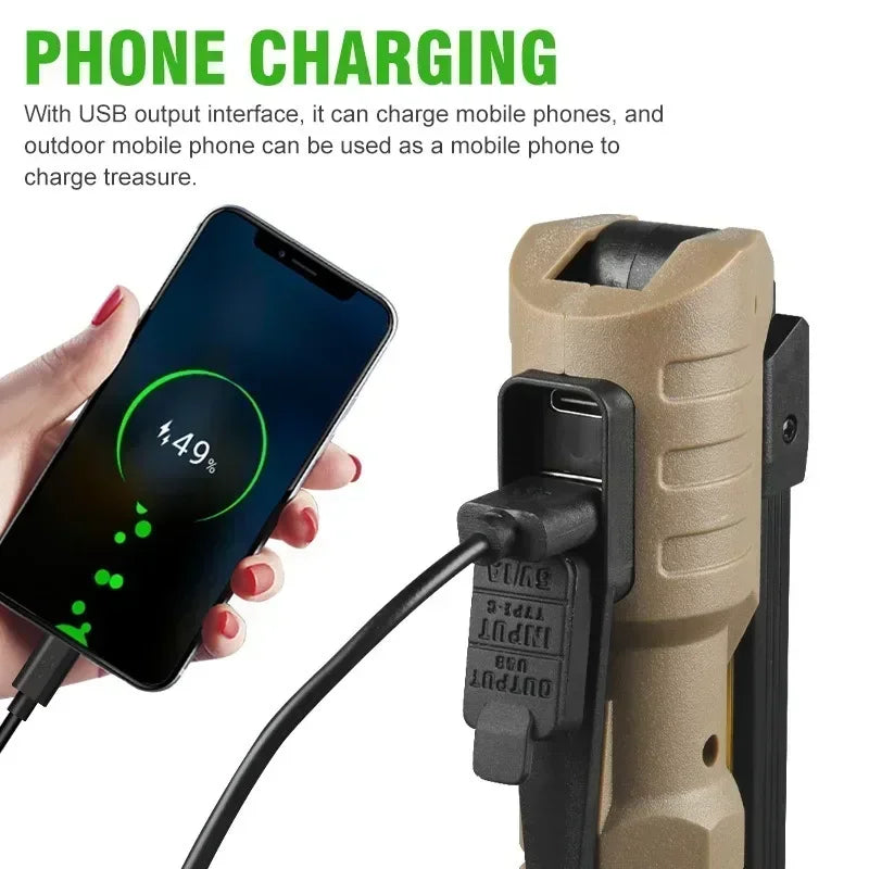 Luz de trabajo LED recargable por USB, linterna COB de 1000 lúmenes con indicador de capacidad de energía, linterna con mango para reparación de automóviles al aire libre