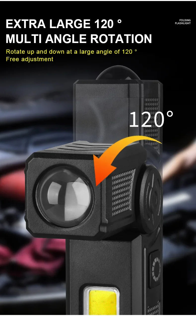 Luz de trabajo LED recargable por USB, linterna COB de 1000 lúmenes con indicador de capacidad de energía, linterna con mango para reparación de automóviles al aire libre