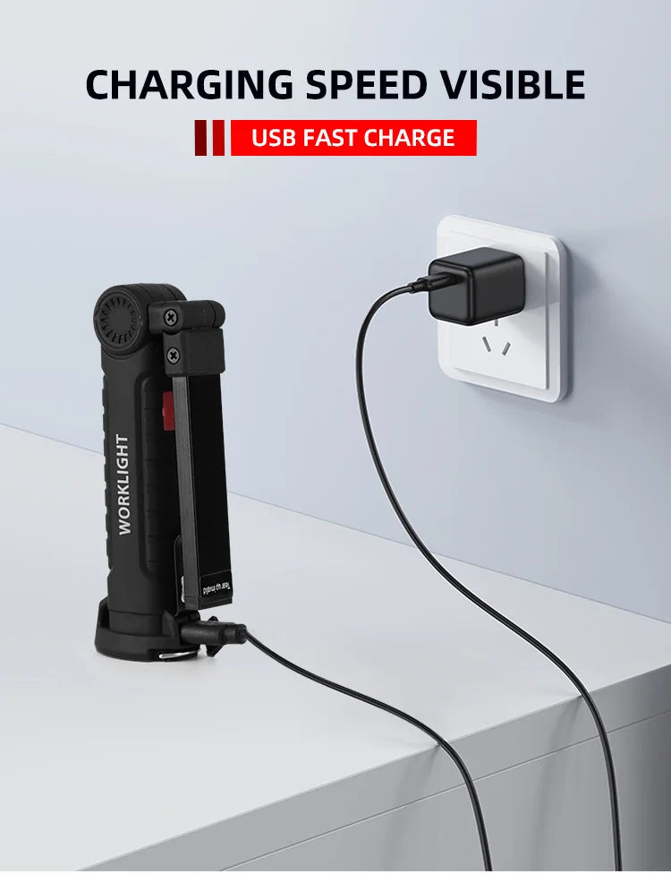 Linterna LED recargable por USB para acampar, luz de trabajo con imán y gancho, modo de iluminación impermeable, adecuada para trabajo nocturno