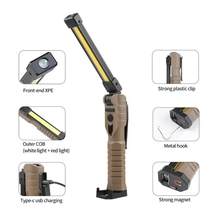 Luz de trabajo LED recargable por USB, linterna COB de 1000 lúmenes con indicador de capacidad de energía, linterna con mango para reparación de automóviles al aire libre
