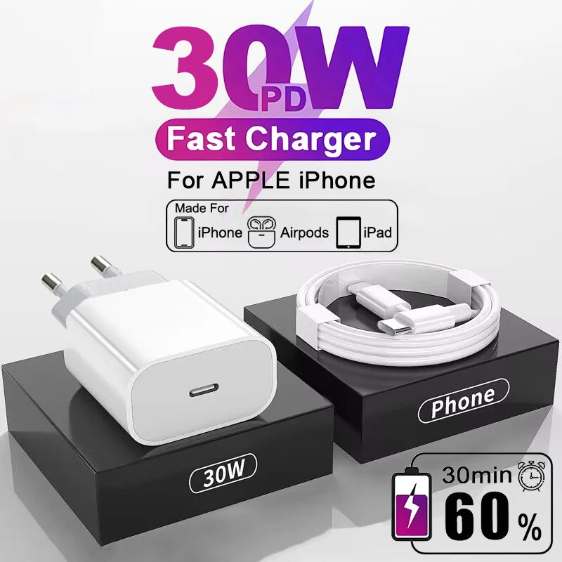 For Apple Original 30W Type C Quick Charger For iPhone 16 15 14 13 12 11 Pro Max Mini X XS XR 8 Plus Fast Charging Charge Cable