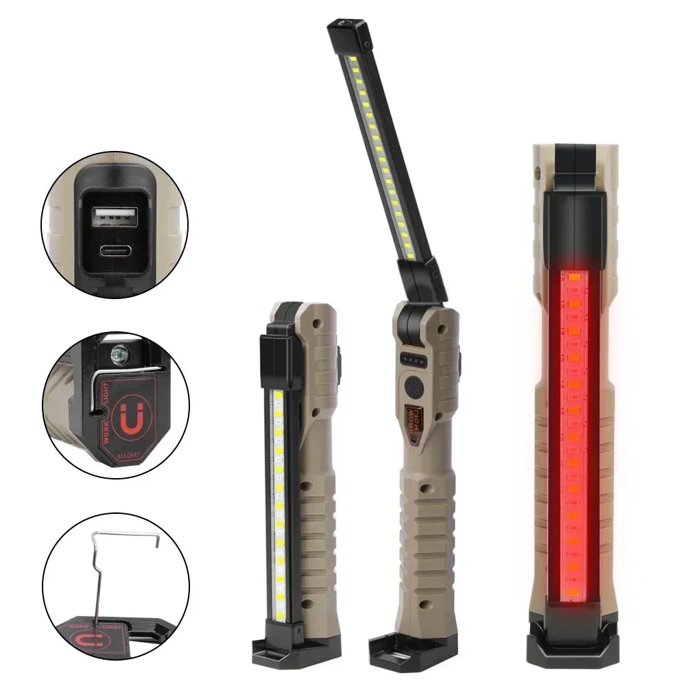 Luz de trabajo LED recargable por USB, linterna COB de 1000 lúmenes con indicador de capacidad de energía, linterna con mango para reparación de automóviles al aire libre