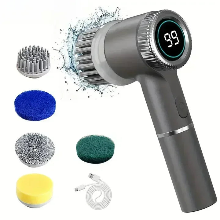 Cepillo de limpieza eléctrica multifuncional para cocina, baño, inodoro, cepillo de limpieza potente portátil, 5 cabezales, pantalla LED
