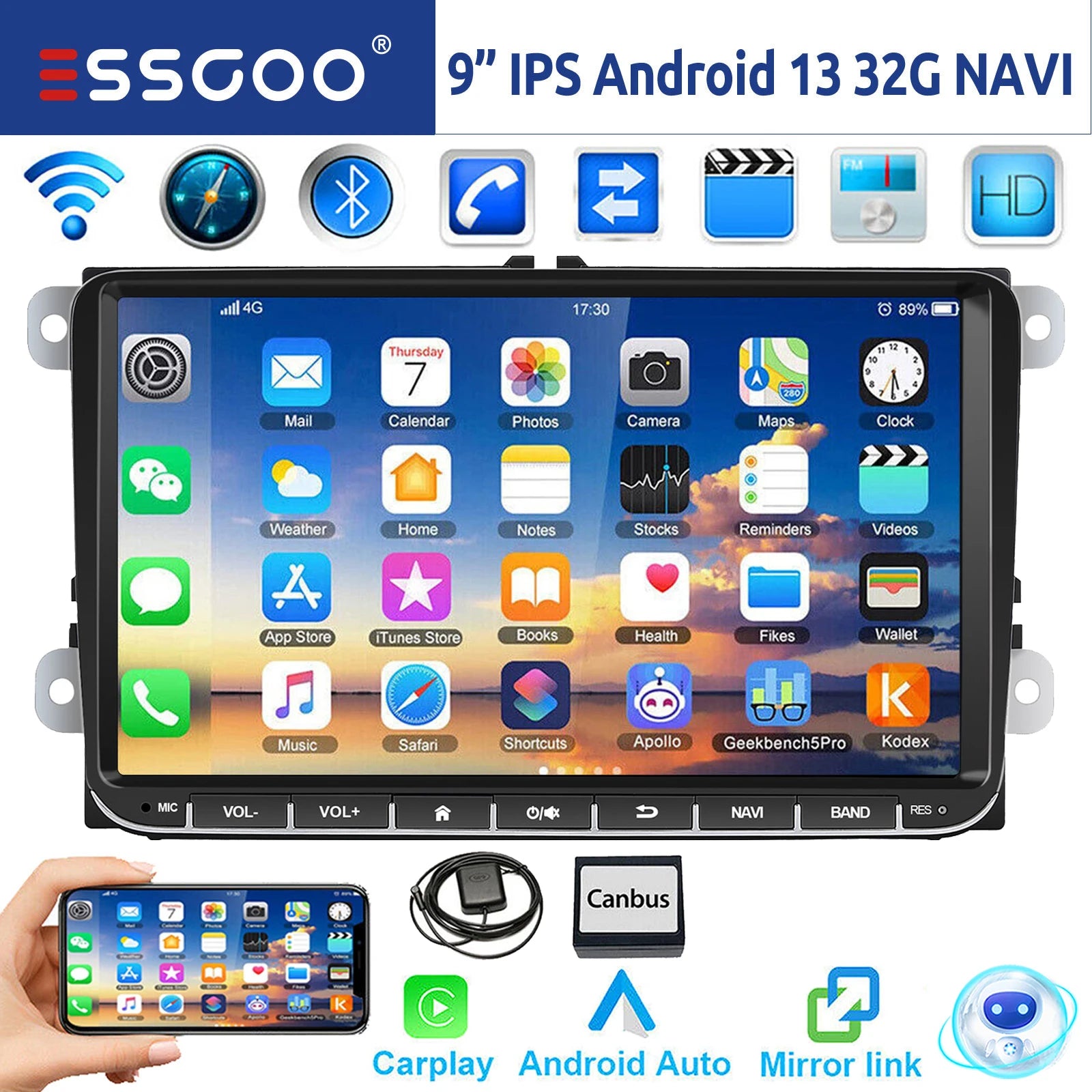ESSGOO 9" Android 14 4G+64G Wireless Carplay Estéreo para Coche GPS NAVI WIFI RDS FM BT para VW Golf 5 6 Passat B6 B7 Polo 6R Touran Tiguan Caddy EOS Jetta T5 Seat Skoda