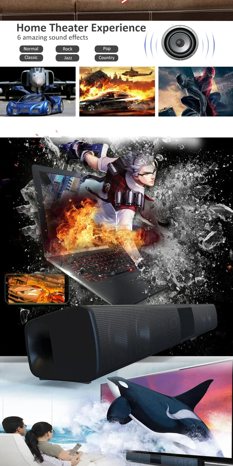 Barra de sonido súper potente, altavoz inalámbrico portátil con Bluetooth, estéreo envolvente, caja de sonido para TV en casa, Subwoofer, Radio FM, caixa de som