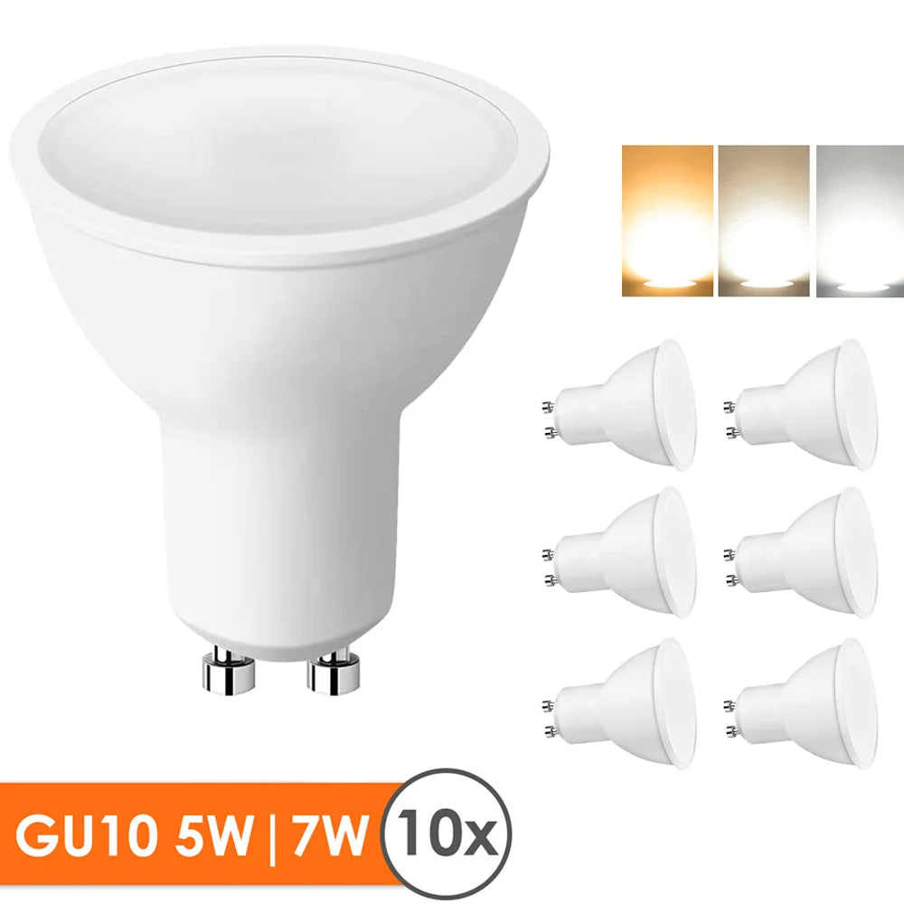 10 Uds bombilla de foco LED GU10 220V 5W/7W alto Lumen 3000K/4000K/6500K lámpara de luz LED para decoración del hogar