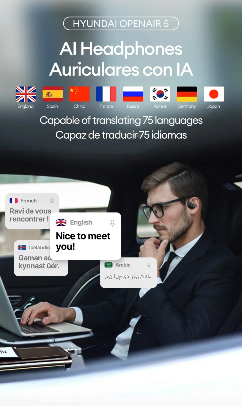 Choice HYUNDAI Openair5 AI auriculares de traducción Bluetooth tipo oreja colgante AI inteligente más de 100 idiomas reunión auricular regalo
