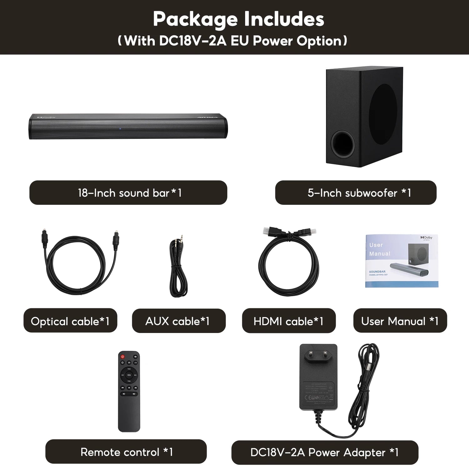 AIYIMA S07 Dolby -Barra de sonido 2,1, Subwoofer inalámbrico de 150W, altavoz de sistema 3D para TV, Bluetooth, HDMI/Aux/Opt/USB