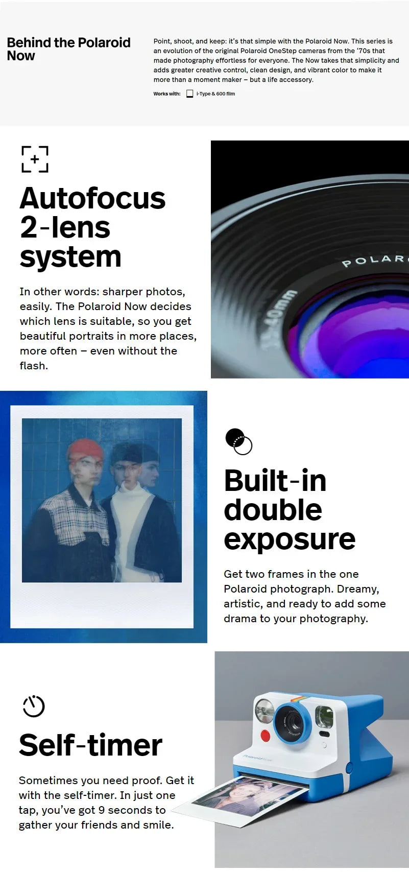Polaroid Now + cámara controlada por aplicación, película instantánea Tipo I de segunda generación, Bluetooth conectado
