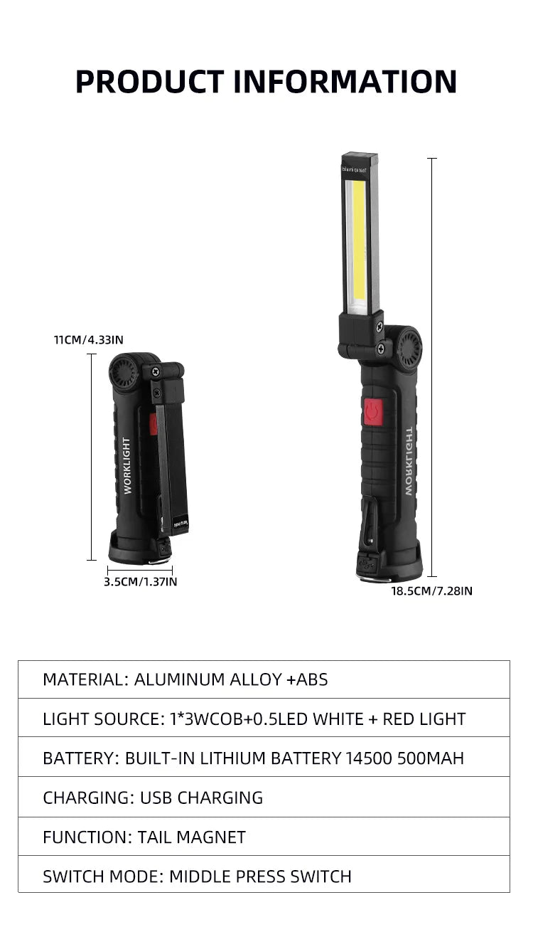 Linterna LED recargable por USB para acampar, luz de trabajo con imán y gancho, modo de iluminación impermeable, adecuada para trabajo nocturno