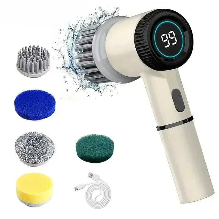 Cepillo de limpieza eléctrica multifuncional para cocina, baño, inodoro, cepillo de limpieza potente portátil, 5 cabezales, pantalla LED