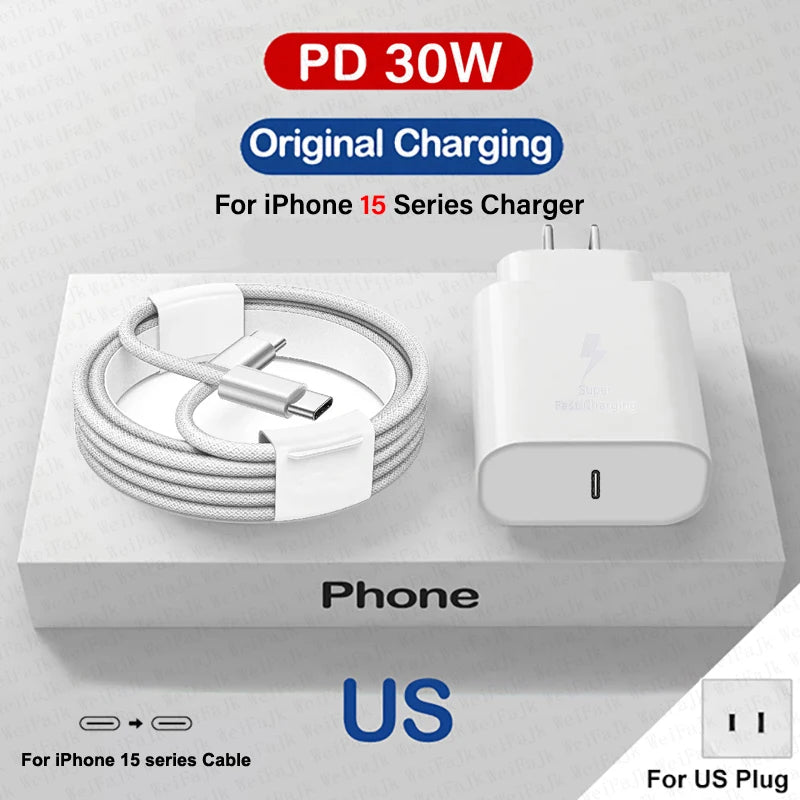 For Apple Original 30W Type C Quick Charger For iPhone 16 15 14 13 12 11 Pro Max Mini X XS XR 8 Plus Fast Charging Charge Cable