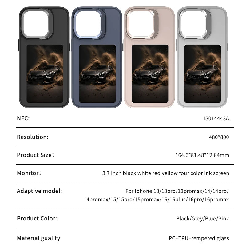 Nueva Funda Digital con pantalla de E ink de 4,0 pulgadas para iPhone 16 16e 15 14 13pro max NFC foto personalizada Funda trasera móvil con soporte