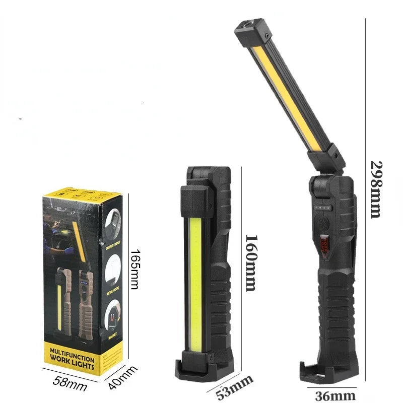 Luz de trabajo LED recargable por USB, linterna COB de 1000 lúmenes con indicador de capacidad de energía, linterna con mango para reparación de automóviles al aire libre