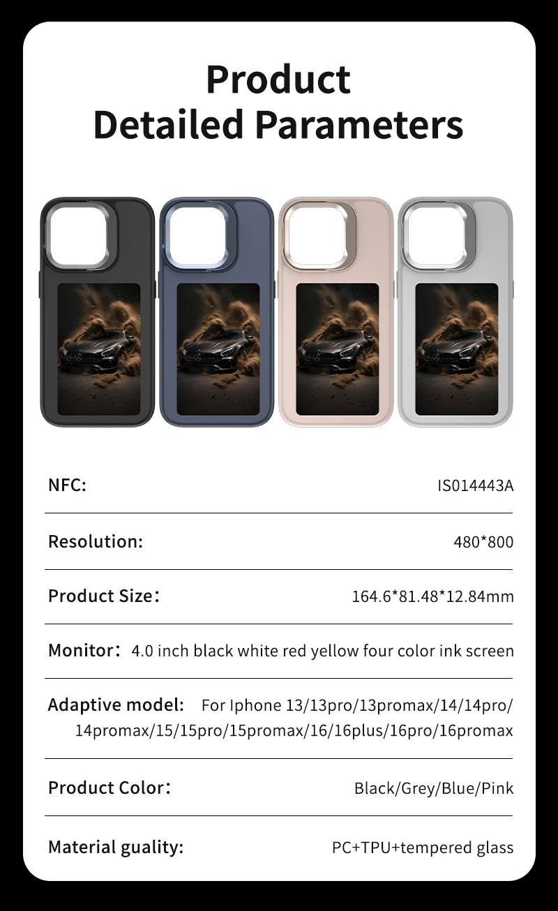 Nueva Funda Digital con pantalla de E ink de 4,0 pulgadas para iPhone 16 16e 15 14 13pro max NFC foto personalizada Funda trasera móvil con soporte
