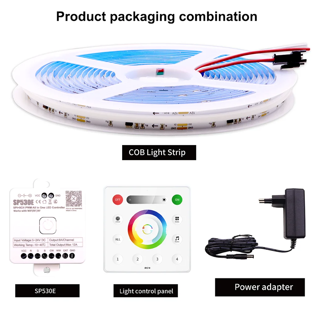 FCOB WS2811 tira de LED RGB COB direccionable 12v 24v 720LEDs/m SP530E 2,4 GHz controlador Bluetooth y control remoto RC3/RB3 1m2m3m4m5m conjuntos