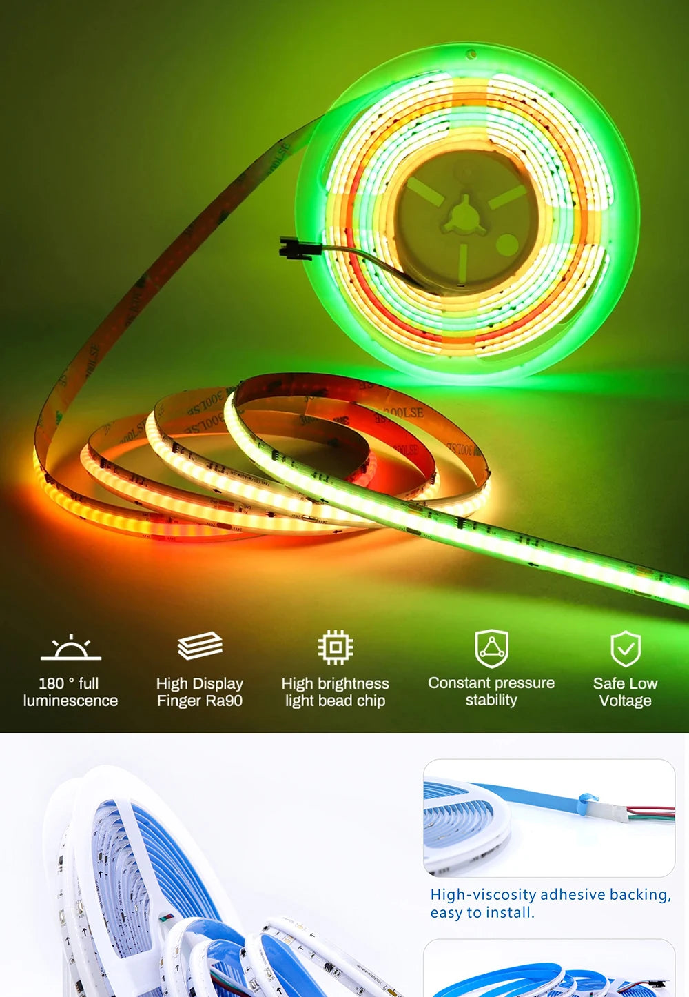 FCOB WS2811 tira de LED RGB COB direccionable 12v 24v 720LEDs/m SP530E 2,4 GHz controlador Bluetooth y control remoto RC3/RB3 1m2m3m4m5m conjuntos