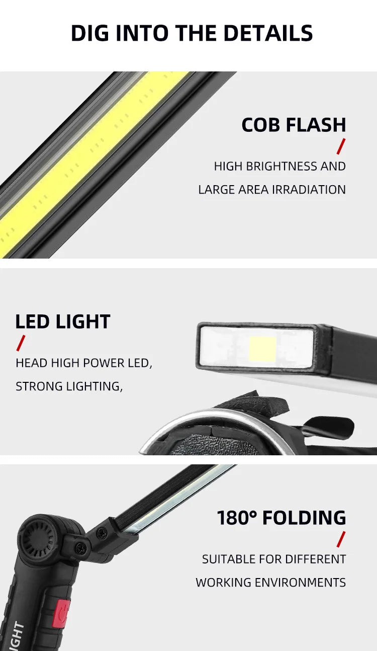 Linterna LED recargable por USB para acampar, luz de trabajo con imán y gancho, modo de iluminación impermeable, adecuada para trabajo nocturno