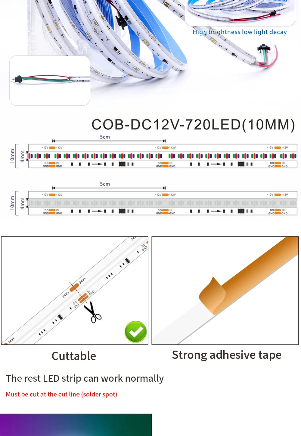 FCOB WS2811 tira de LED RGB COB direccionable 12v 24v 720LEDs/m SP530E 2,4 GHz controlador Bluetooth y control remoto RC3/RB3 1m2m3m4m5m conjuntos