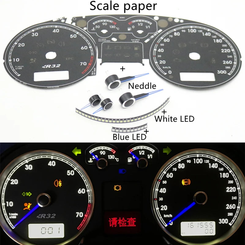Instrumento de tablero, aguja azul, fondo blanco, escala de papel, luz LED, reequipamiento para VW Bora MK4 Golf 4 R32 Metro 300