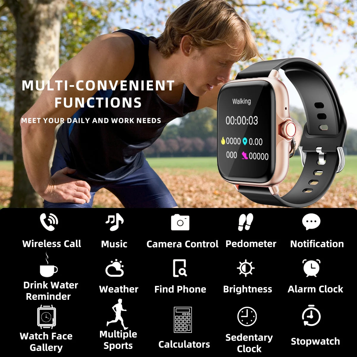 Reloj inteligente resistente al agua de 1,83 pulgadas con mensaje, respuesta a llamadas, monitoreo del sueño, podómetro deportivo, alertas de información para iPhone y Android