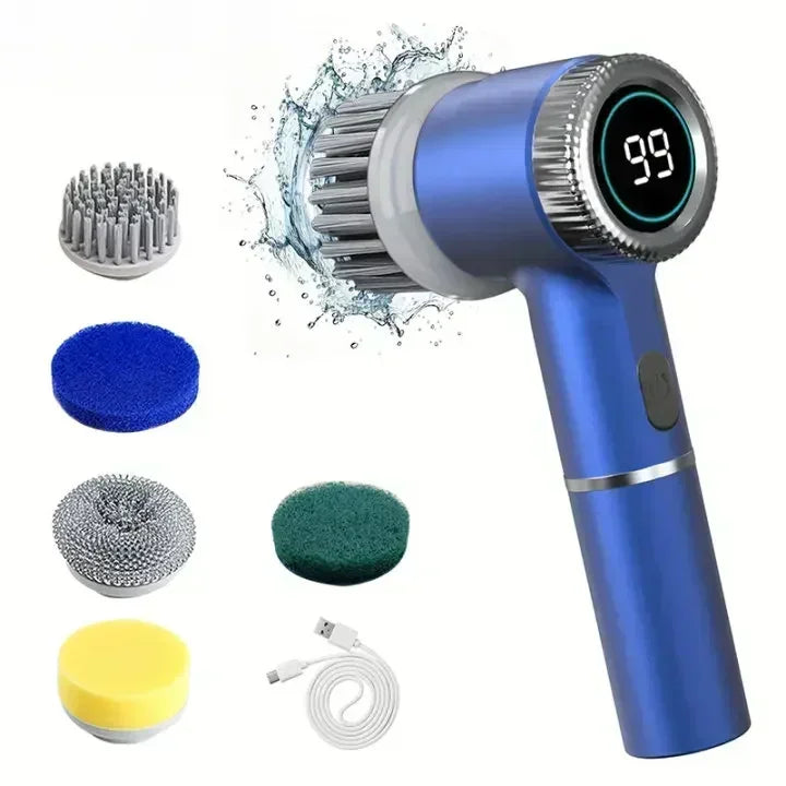 Cepillo de limpieza eléctrica multifuncional para cocina, baño, inodoro, cepillo de limpieza potente portátil, 5 cabezales, pantalla LED