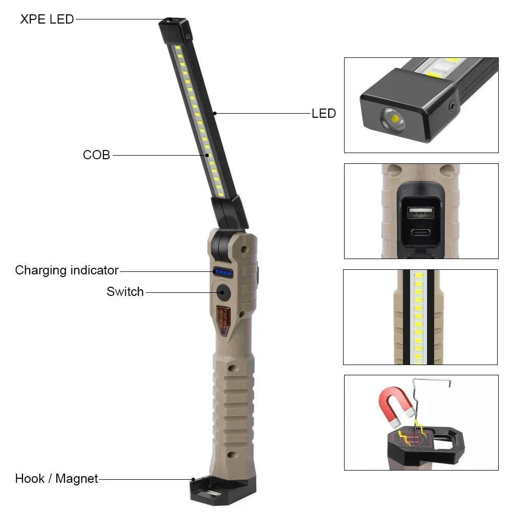 Luz de trabajo LED recargable por USB, linterna COB de 1000 lúmenes con indicador de capacidad de energía, linterna con mango para reparación de automóviles al aire libre