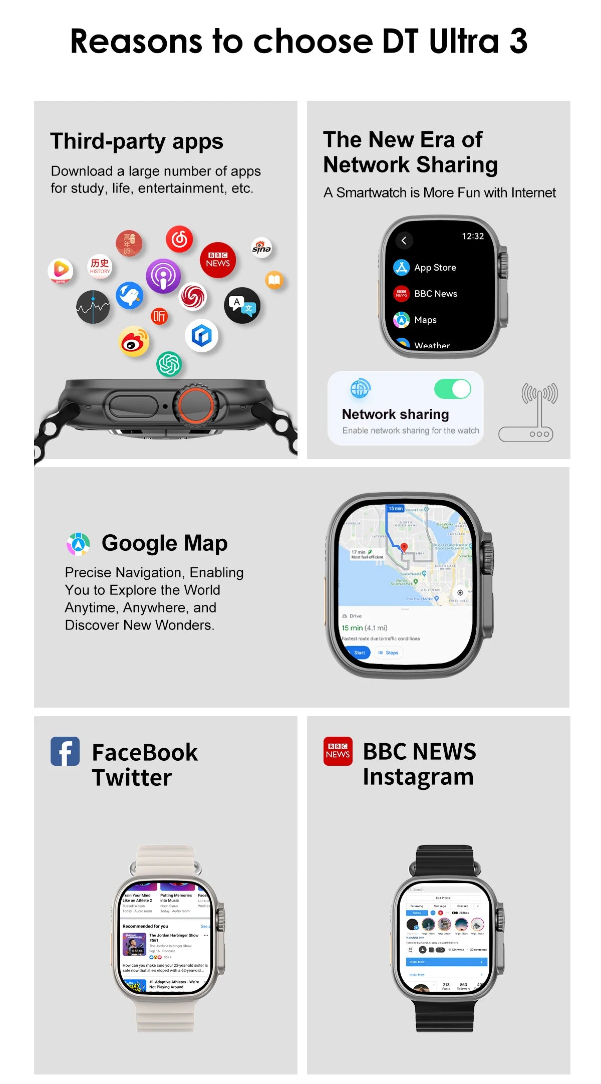 DT Ultra 3 Smartwatch pantalla Amoled 4GB reproductor MP3 MP4 Bluetooth red compartido aplicación tienda ChatGPT reloj inteligente AI hombre Sportwatch