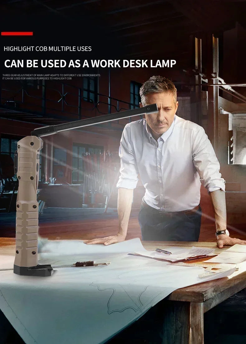 Luz de trabajo LED recargable por USB, linterna COB de 1000 lúmenes con indicador de capacidad de energía, linterna con mango para reparación de automóviles al aire libre