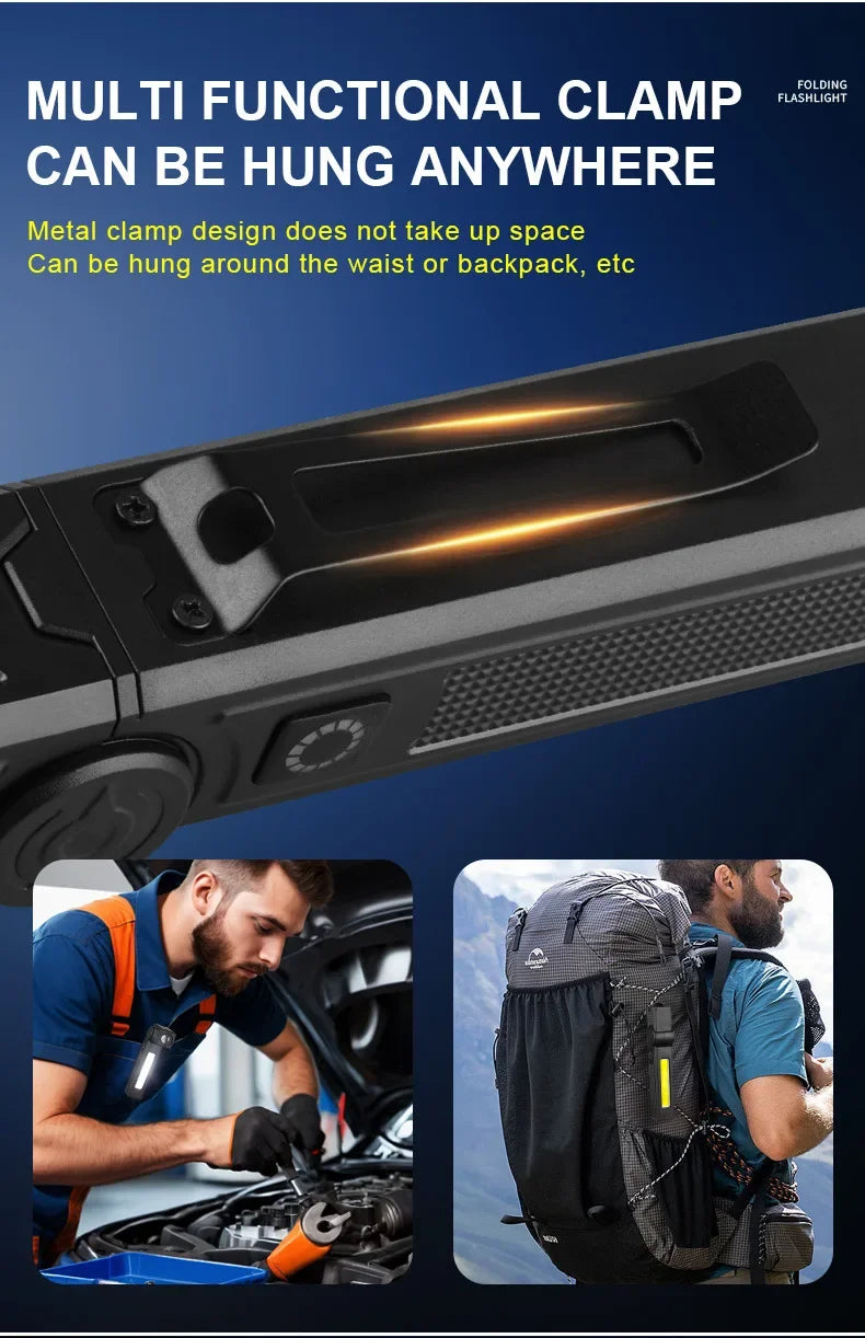 Luz de trabajo LED recargable por USB, linterna COB de 1000 lúmenes con indicador de capacidad de energía, linterna con mango para reparación de automóviles al aire libre