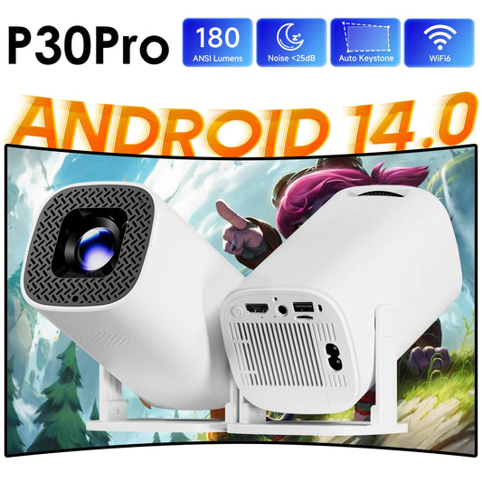 HONGTOP P30PRO Mini proyector inteligente Android 14 WiFi6 BT 5,0 compatible con 4K 1280*720P proyector portátil para exteriores de cine en casa inteligente