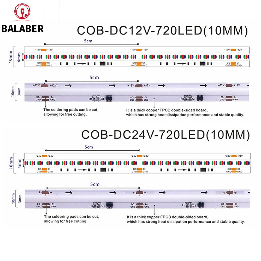 FCOB WS2811 tira de LED RGB COB direccionable 12v 24v 720LEDs/m SP530E 2,4 GHz controlador Bluetooth y control remoto RC3/RB3 1m2m3m4m5m conjuntos
